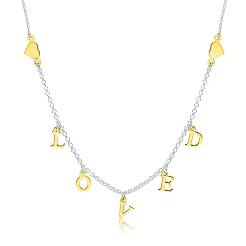 Strieborný 925 náhrdelník - lesklé srdiečka a nápis "LOVED" v zlatom odtieni