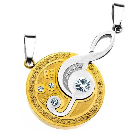 Prívesok pre dvojicu - husľový kľúč, kruh zlatej farby s gravírovaním