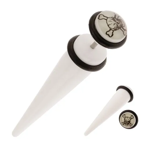 Falošný taper z akrylu bielej farby svietiaci v tme, lebka a prekrížené kosti