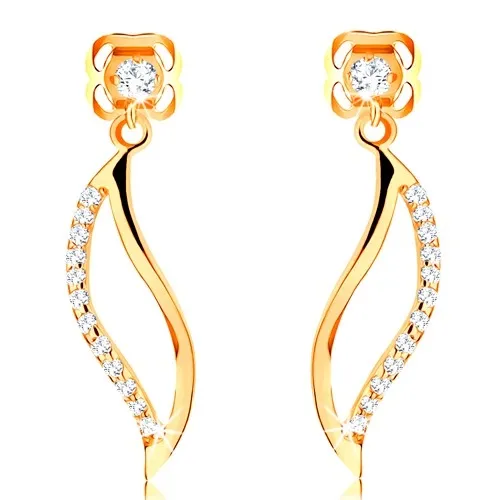 Náušnice v žltom 14K zlate - zvlnený obrys zrnka zdobený čírymi zirkónmi