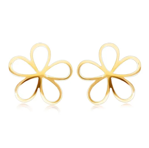 Puzetové náušnice zo žltého 9K zlata - tenký obrys kvietku, vysoký lesk