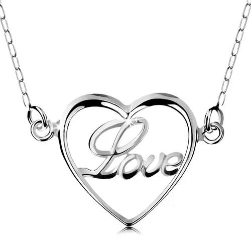 Náhrdelník zo striebra 925, retiazka a prívesok - tenký obrys srdiečka, nápis Love