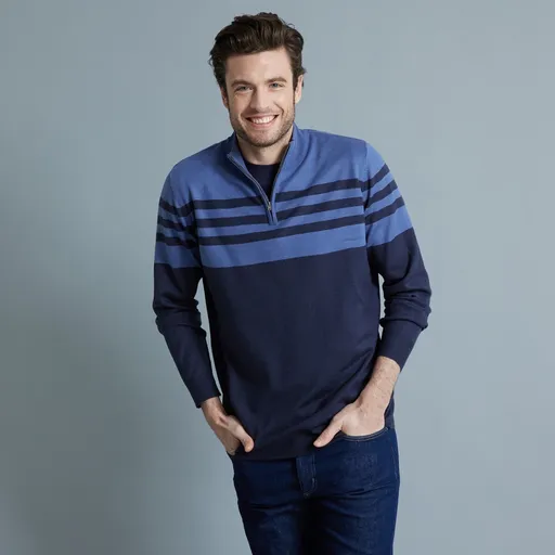 Pruhovaný pulóver so stojačikom na zips, kašmírový na dotyk