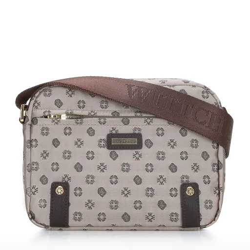 Dámska žakárová kabelka s koženými pásikmi horizontálna béžová 95-4-902-9