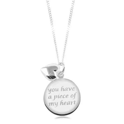 Náhrdelník zo striebra 925, lesklá retiazka, okrúhla známka s nápisom, srdiečko