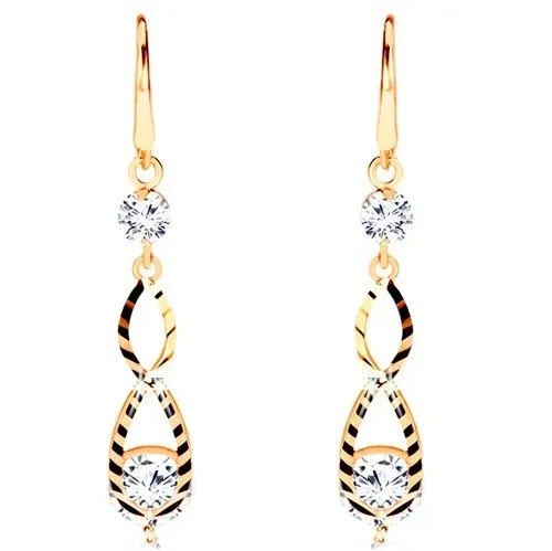 Náušnice v žltom 14K zlate - visiaca osmička s jemnými zárezmi, číre zirkóny