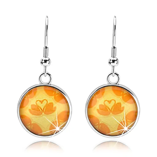 Cabochon náušnice, číra glazúra, žltý podklad, dve labute - srdce