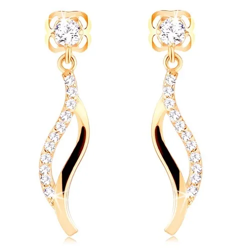 Visiace zlaté náušnice 14K so zirkónom a dvojitou vlnkou