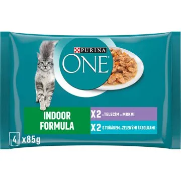 Purina ONE Indoor minifiletky s tuniakom a zelenými fazuľkami, s teľacím a mrkvou 4 × 85 g (7613030063032)