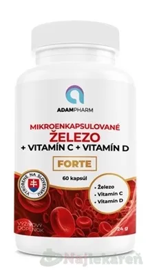 ADAMPharm ŽELEZO + Vitamín C + Vitamín D FORTE (mikroenkapsulované Fe) 60cps