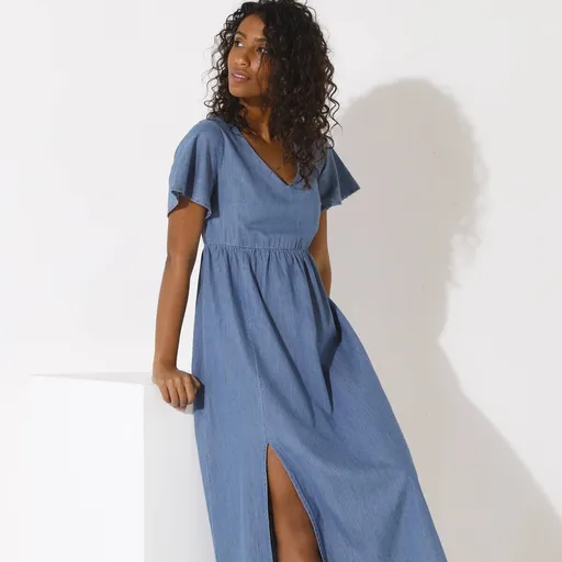 Dlhé šaty so širokými rukávmi z denimu