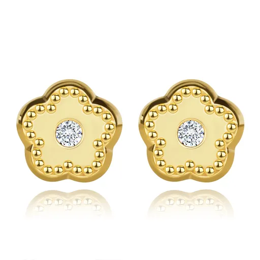 Puzetové náušnice v žltom 375 zlate - kvet, číry zirkón, vrúbkovaný lem
