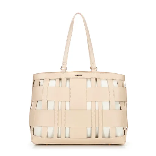 Pletená shopperka z imitácie kože béžová