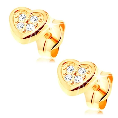 Náušnice v žltom 14K zlate - pravidelné srdiečko zdobené čírymi zirkónikmi