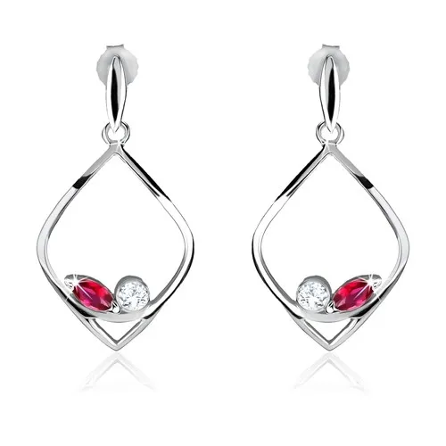 Strieborné náušnice 925, číry a tmavoružový zirkón v obryse slzy