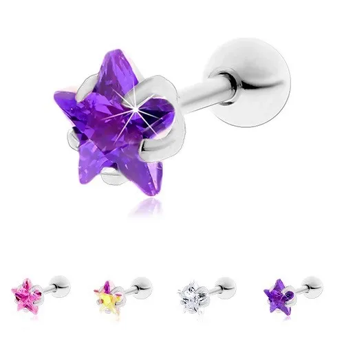 Oceľový piercing do tragusu ucha, ligotavá zirkónová hviezdička - Hlavička: 3 mm, Farba zirkónu: Ružová - P