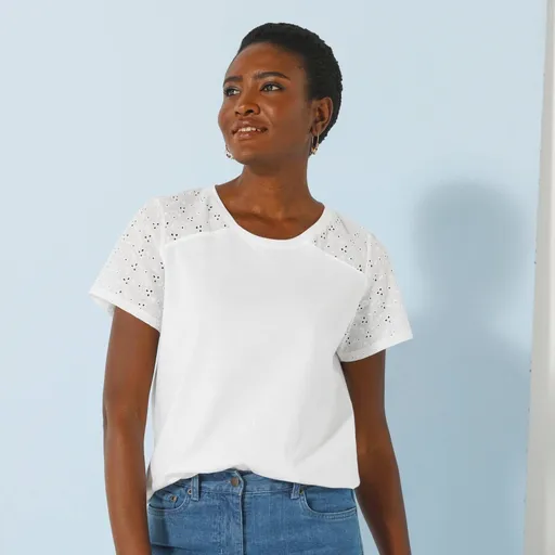 Tričko s okrúhlym výstrihom, krátkymi rukávmi a madeirou