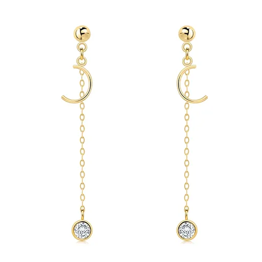 Zlaté náušnice 14K s polmesiacom a zirkónom na retiazke