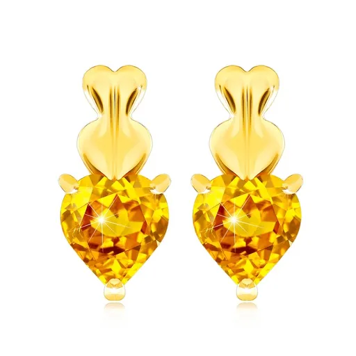 Zlaté náušnice 9K so srdcami a citrínom