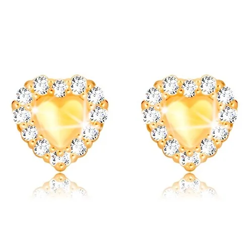 Náušnice v žltom zlate 375 - plné symetrické srdiečko, číry zirkónový lem
