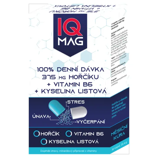 IQ MAG horčík 375 mg + B6 + kyselina listová 30 kapsúl