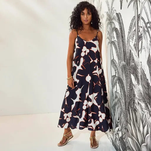 Dlhé šaty s tenkými ramienkami a XXL potlačou kvetov