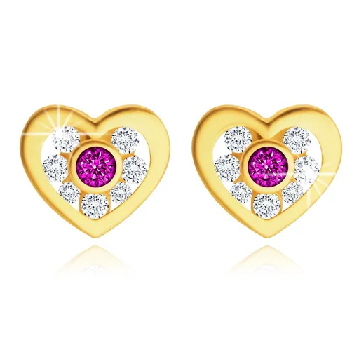 Náušnice v žltom zlate 585 - srdiečko s fuchsiovým a čírymi zirkónikmi uprostred