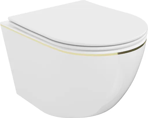 MEXEN - Lena Závesná WC misa vrátane sedátka s slow-slim, duroplast, biela/zlatá linka 30224005