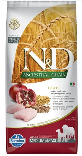 N&D Ancestral Grain Low Grain Dog Light Medium & Maxi Chicken & Pomeg 12 kg