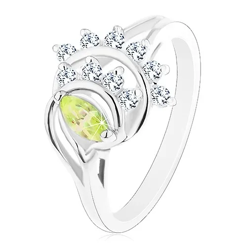 Ligotavý prsteň, oblúky lemované líniami čírych zirkónikov, svetlozelené zrnko - Veľkosť: 60 mm