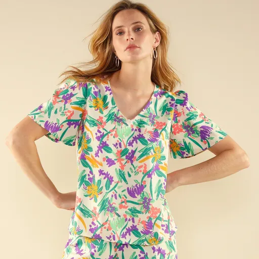 Blúzka s výstrihom do V,krátkymi rukávmi a potlačou