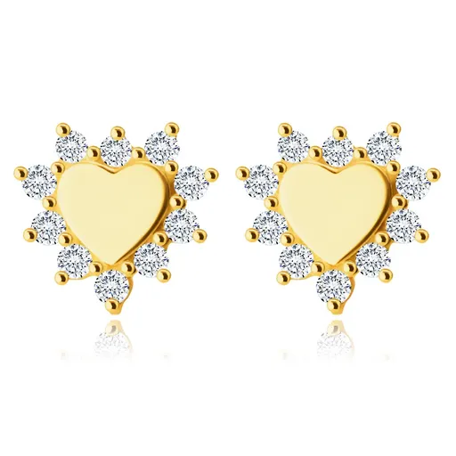Zlaté 9K náušnice - malé srdiečko lemované lupeňmi kvetov, vykladané čírymi zirkónmi