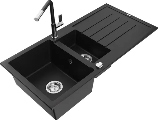 MEXEN/S MEXEN/S - Andres granitový drez s odkvapkávačom vrátane batérie Flora, čierna 6515-77-670401-07