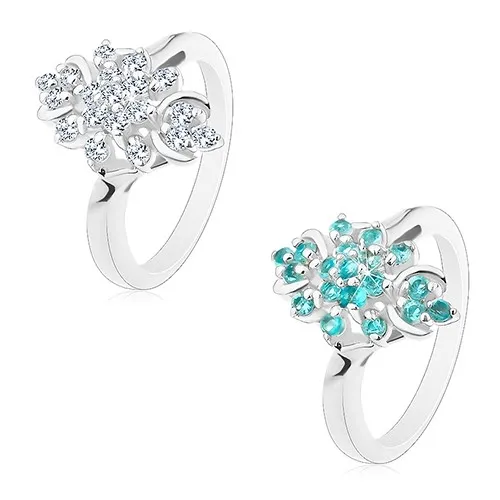 Prsteň s lesklými ramenami, trblietavý podlhovastý kvet z okrúhlych zirkónov - Veľkosť: 49 mm, Farba: Číra