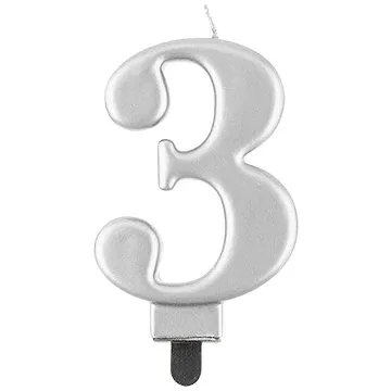 Narodeninová sviečka na tortu – 3 – metalická strieborná – 8 cm (5902973124514)