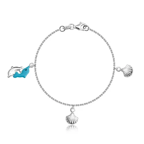 Strieborný náramok 925 pre deti - dva skákajúce delfíniky a mušle so zárezmi