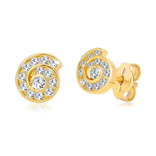 Puzetové náušnice v žltom 14K zlate - špirála vykladaná zirkónmi