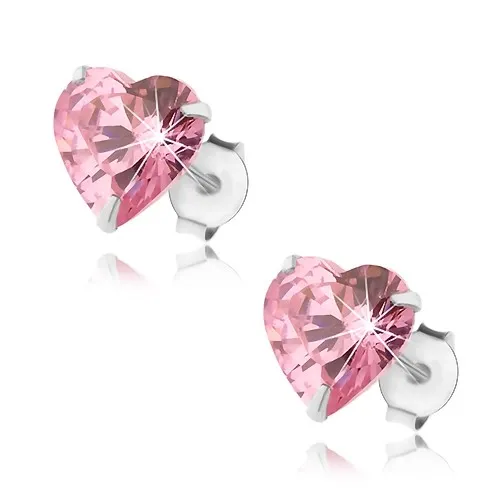 Strieborné 925 náušnice, srdiečkový zirkón ružovej farby, puzetky