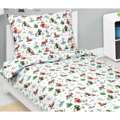 Bellatex Vianočné bavlnené obliečky Zvieratká v lese, 140 x 200 cm, 70 x 90 cm