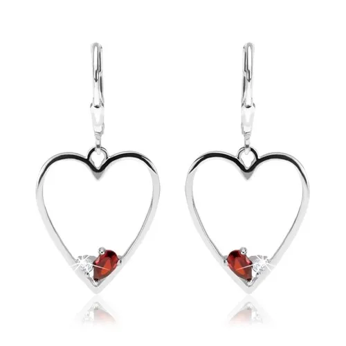 Náušnice zo striebra 925, symetrický obrys srdca, červený a číry zirkón