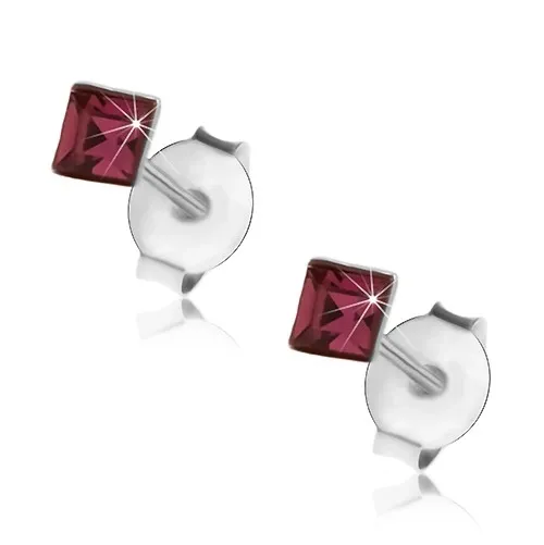 Náušnice zo striebra 925, štvorček - tmavofialový Swarovski krištálik, 3 mm