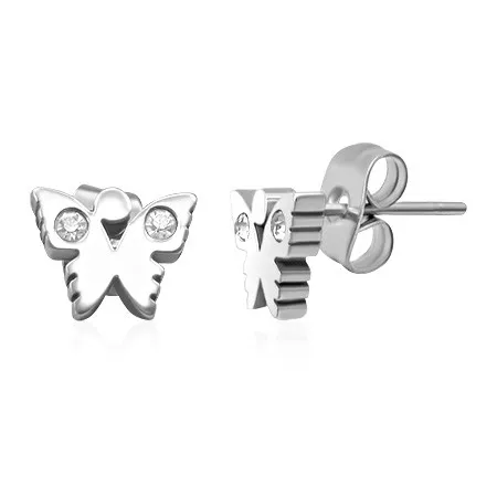 Puzetové oceľové náušnice - motýlik so zirkónovými krídlami