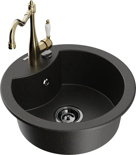 MEXEN/S MEXEN/S - Diego granitový drez 1-miska vrátane batérie Carla, čierna/zlatá metalik 6512-75-670700-50-B