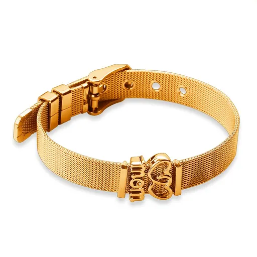 Oceľový sieťovaný náramok v zlatej farbe so spojenými srdiečkami a nápisom "MOM"