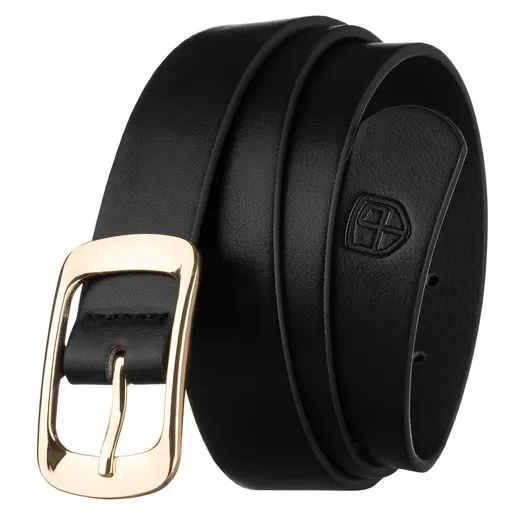 Čierny úzky dámsky opasok z ekologickej kože so zlatou prackou
