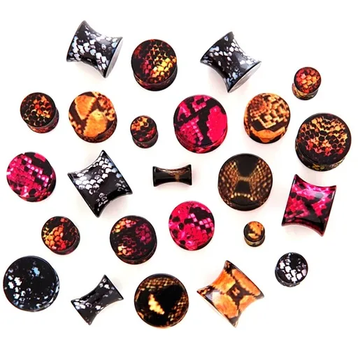 Piercing do ucha - plug, farebný vzor hadej kože - Hrúbka: 10 mm, Farba piercing: Čierna