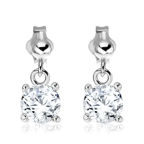 Strieborné puzetové náušnice 925 - visiaci okrúhly číry zirkón, 6 mm