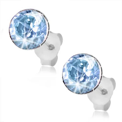 Strieborné náušnice 925, okrúhly svetlomodrý Swarovski krištáľ, puzetky