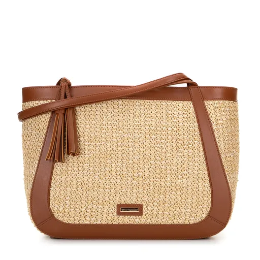 Dámska shopperka z ekokože a výpletu béžovo-hnedá 100-4Y-407-95