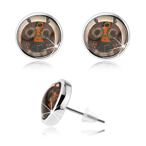 Kabošon puzetové náušnice, číre sklo, pestrofarebná sovička s veľkými očami